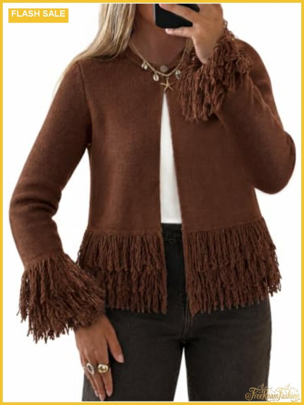 Fringe Crochet Cardigan Women Crew Neck Button Down Long Sleeve Boho Sweater